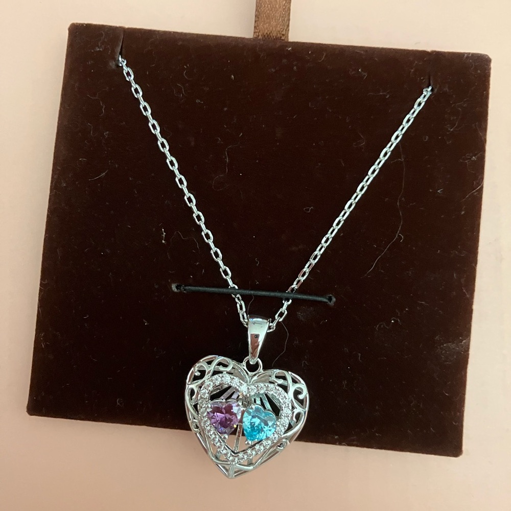 Elegant Silver Heart Pendant Necklace with Purple and Blue Stones
